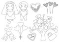 Valentine`s day boy girl love birds hearts balloons tree black and white coloring vector illustration Royalty Free Stock Photo